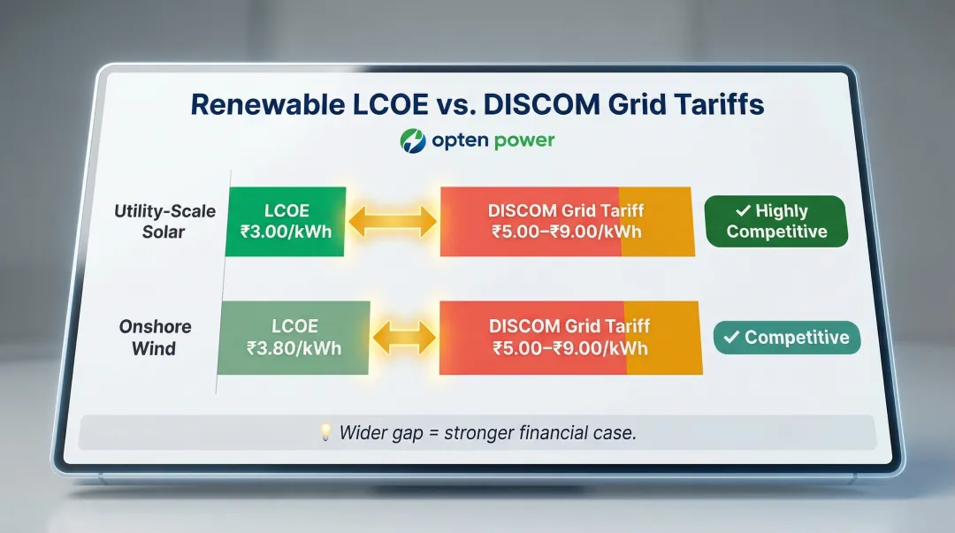 Solar and wind LCOE versus DISCOM grid tariff competitiveness comparison India 2024