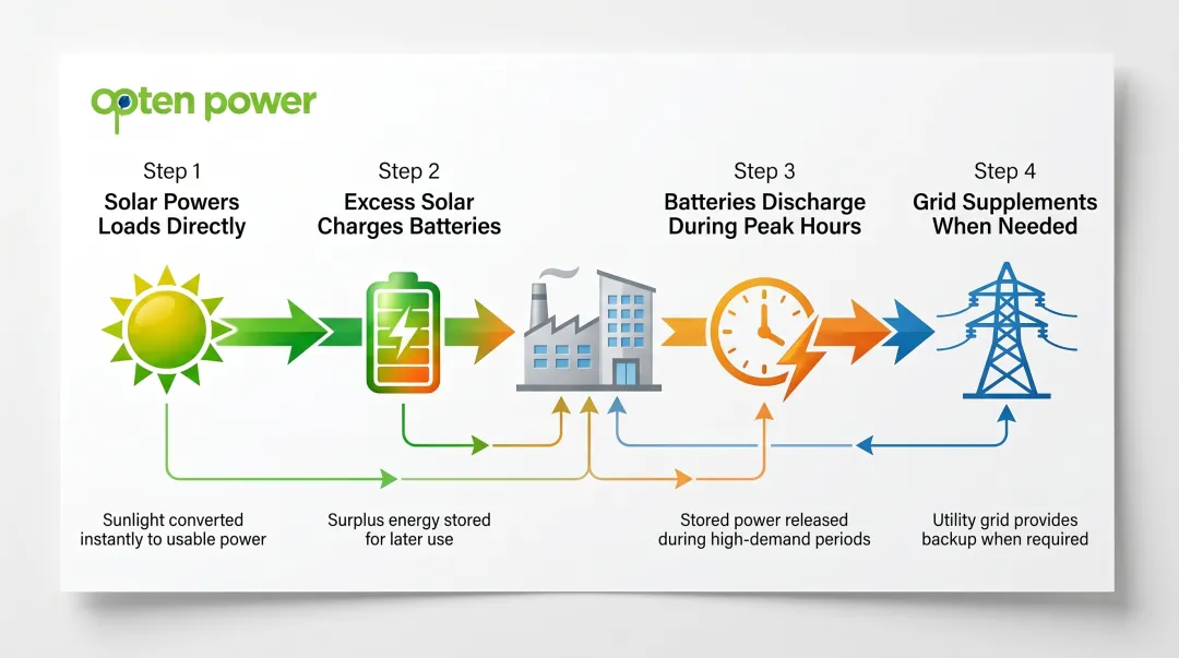 4-step hybrid solar energy flow process from solar generation to grid backup