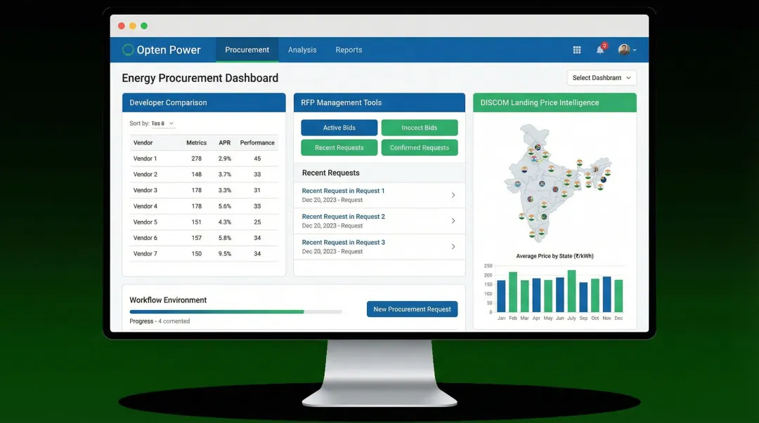 Opten Power procurement platform dashboard showing developer comparison and RFP management tools