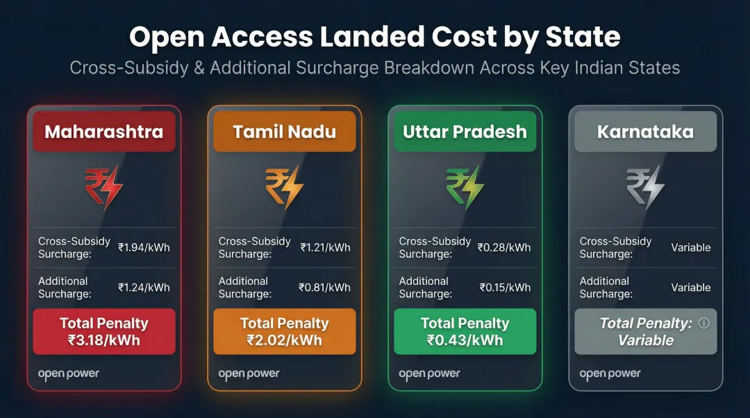 State-by-state open access surcharge comparison table for Indian industrial consumers infographic