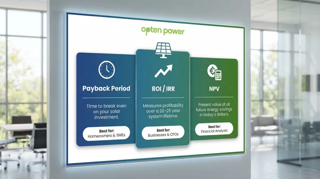 Solar financial metrics comparison payback period IRR NPV explained for businesses