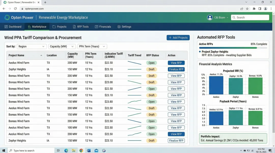 Opten Power renewable energy marketplace dashboard showing wind PPA tariff comparison tools