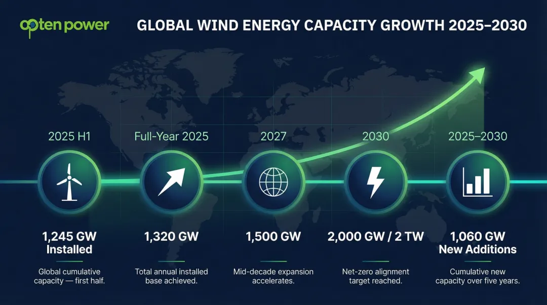 Global wind energy capacity growth milestones from 2025 to 2030 projections