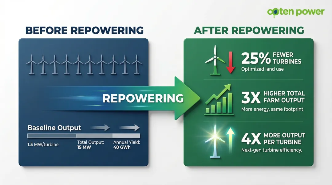 Wind farm repowering benefits showing turbine reduction and output gains comparison