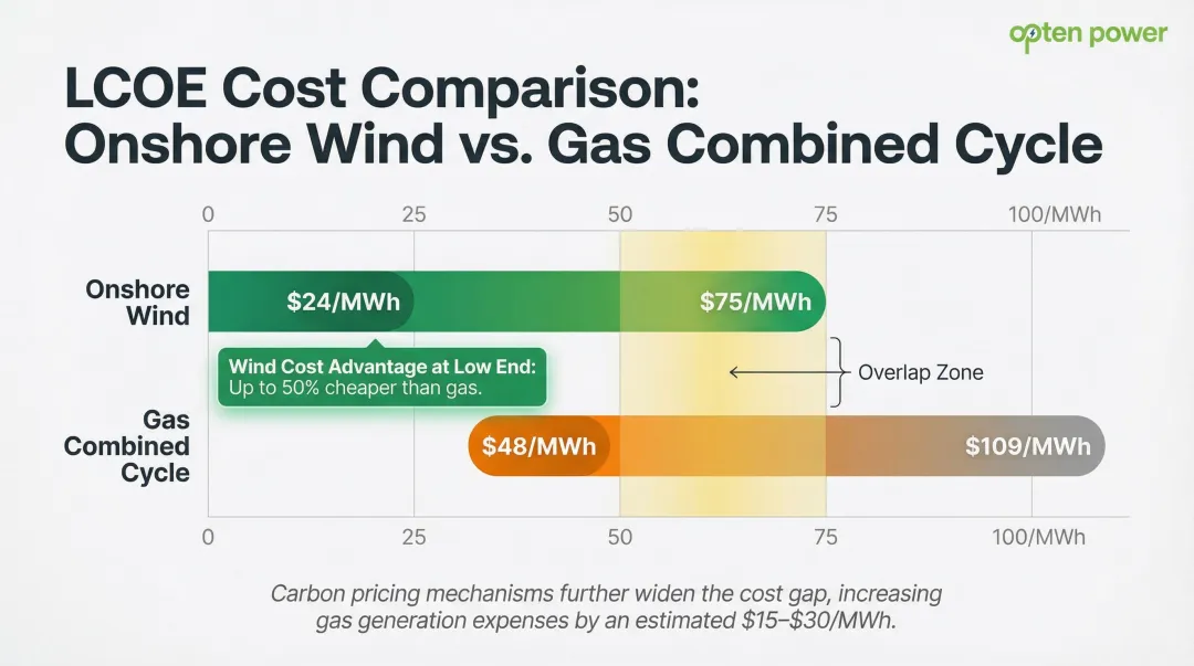 Wind energy versus gas combined cycle unsubsidized LCOE cost range comparison chart