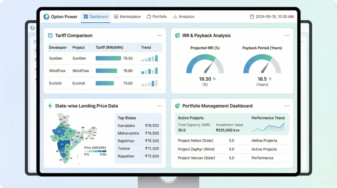 Opten Power platform dashboard showing solar tariff comparison and ROI analysis across states