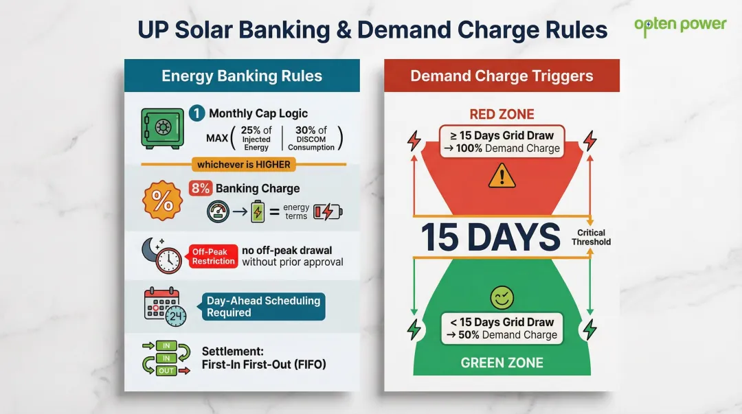 Energy banking rules and demand charge thresholds comparison infographic for UP open access