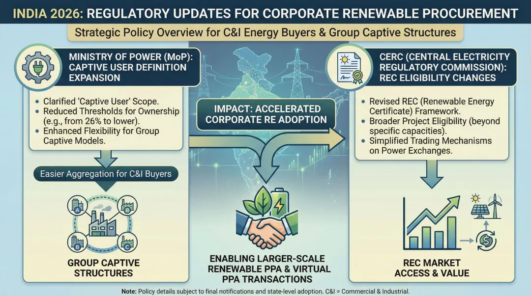 India renewable energy regulatory changes enabling group captive PPA structures for C&I buyers