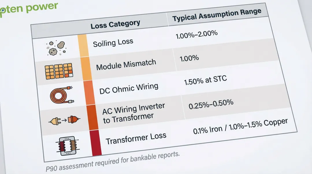 Solar PV system loss categories and typical percentage ranges comparison table infographic