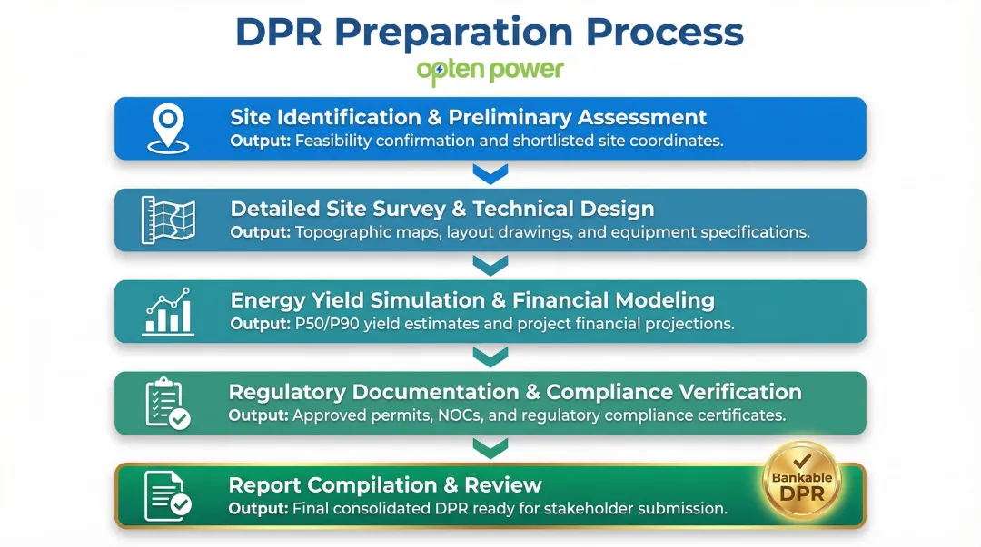 5-step solar PV DPR preparation process flow from site screening to final report