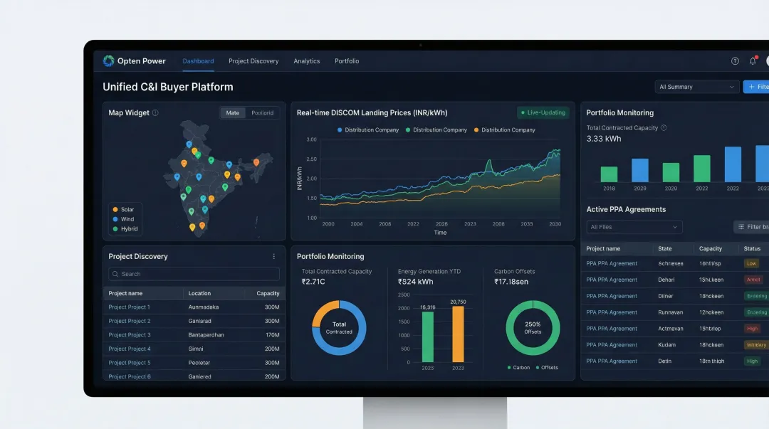 Opten Power platform dashboard displaying renewable portfolio projects DISCOM data and bid management