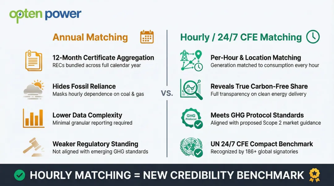 Annual renewable energy matching versus hourly 24/7 carbon-free energy matching comparison infographic