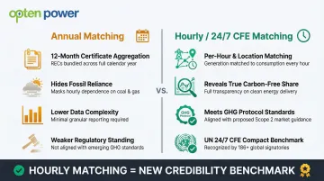 Annual renewable energy matching versus hourly 24/7 carbon-free energy matching comparison infographic