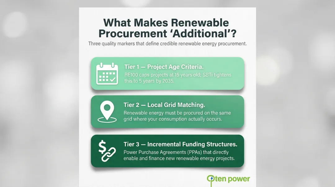 Three additionality quality criteria for corporate renewable energy procurement infographic