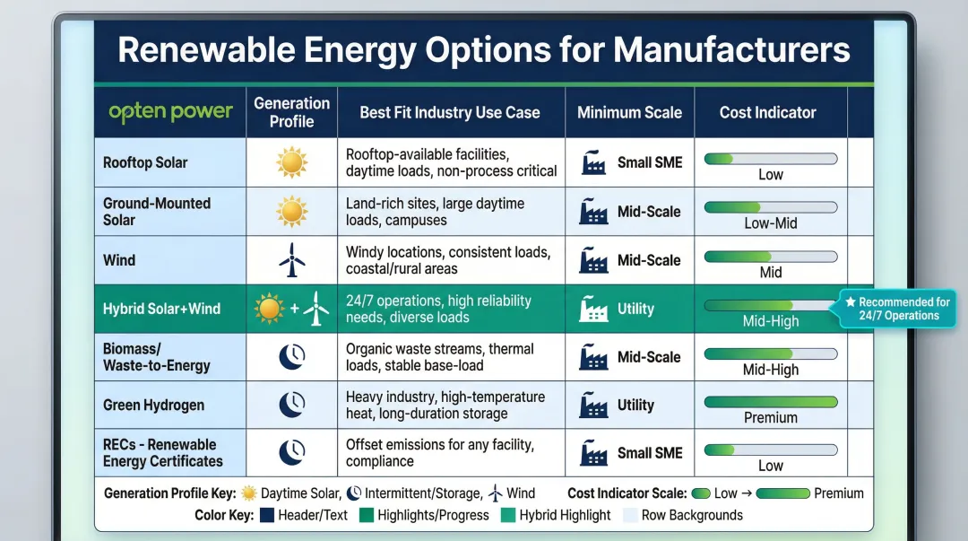 Renewable energy options comparison chart for large-scale manufacturing plants