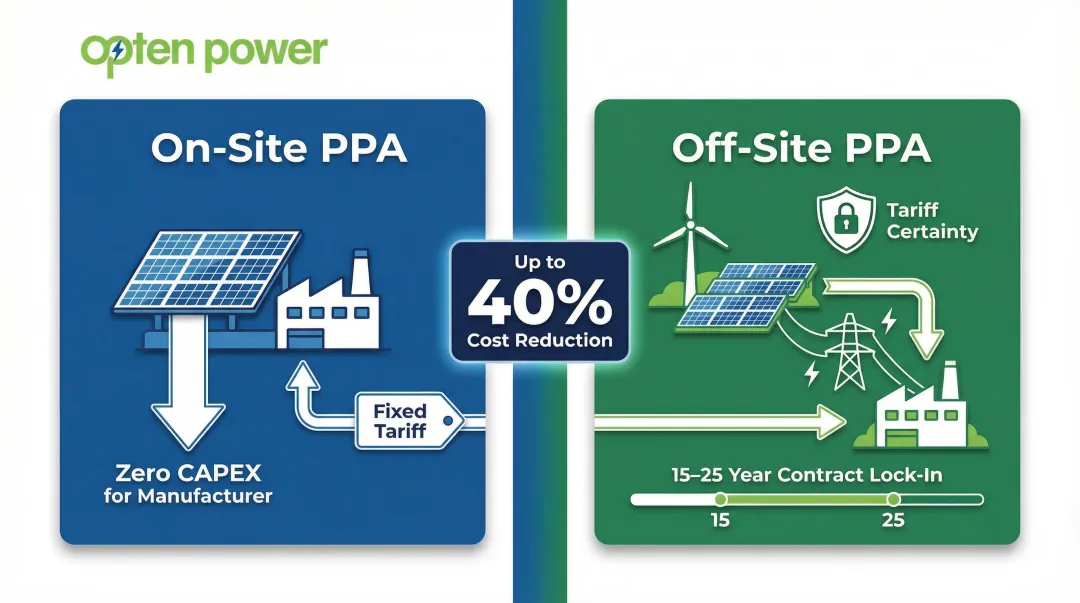 On-site versus off-site corporate PPA structure comparison for manufacturers