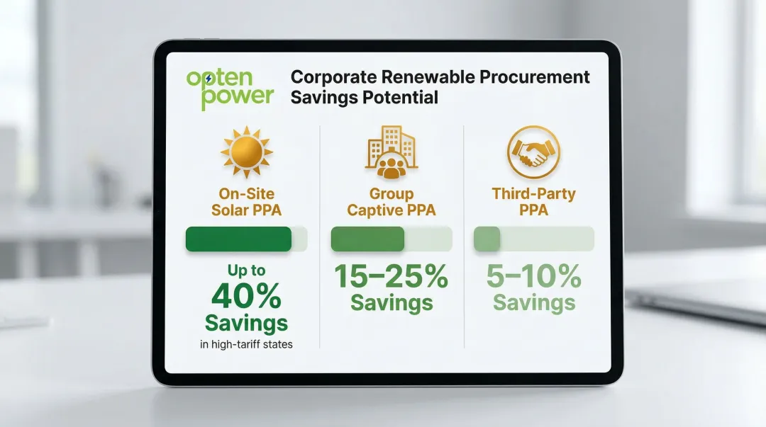 Three renewable energy PPA procurement models compared by estimated cost savings percentage