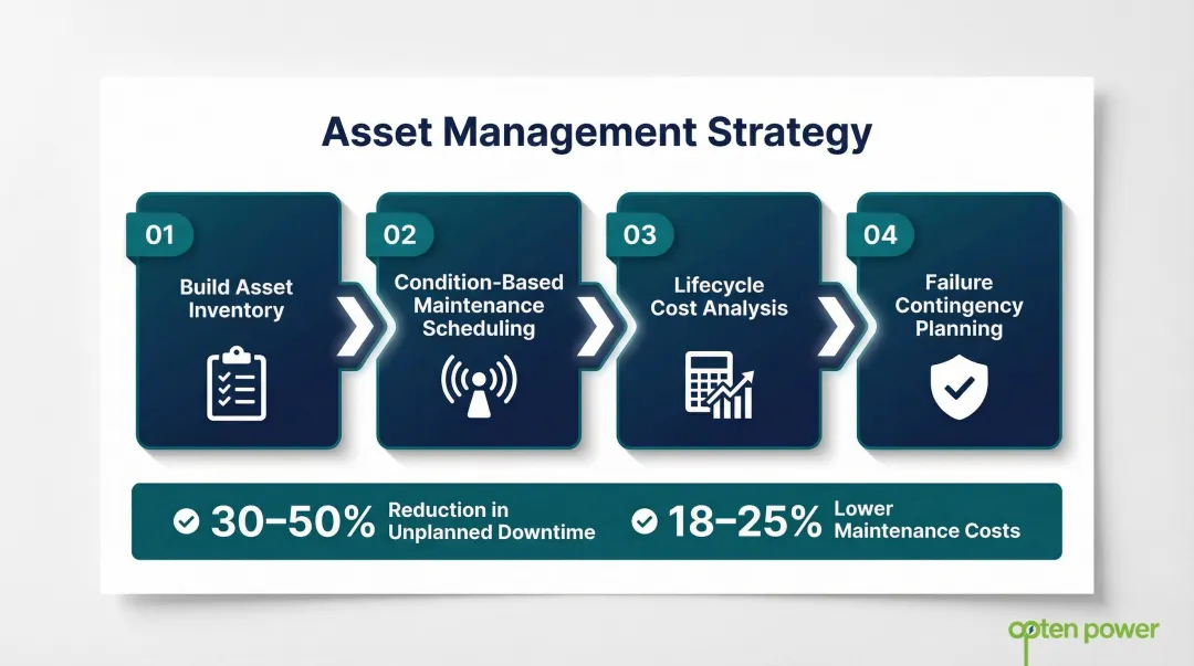 4-step asset management strategy process flow with predictive maintenance outcomes