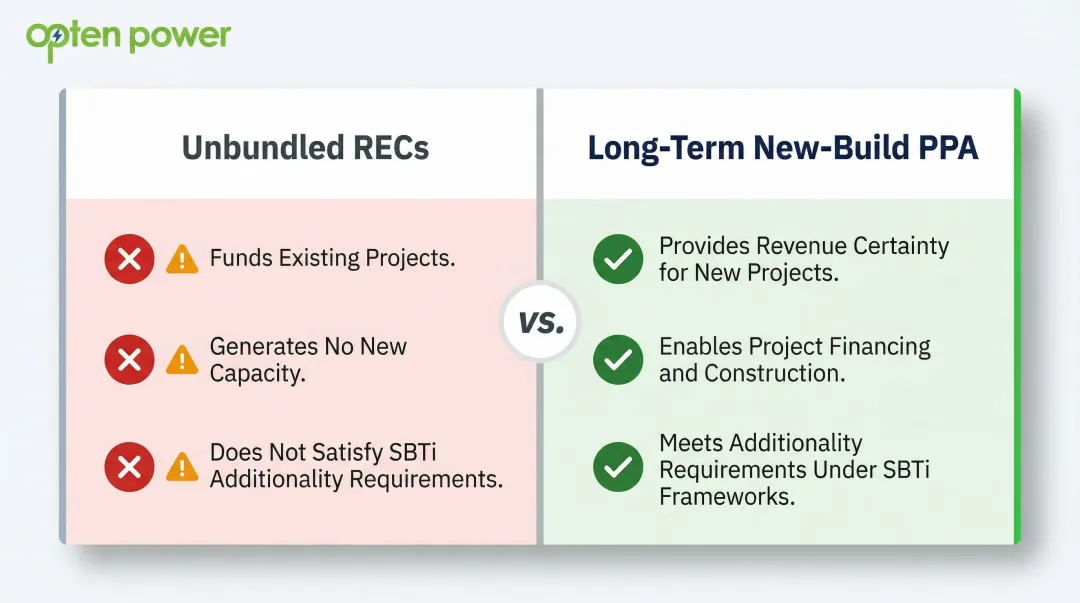 Unbundled RECs versus long-term new-build PPAs additionality comparison chart