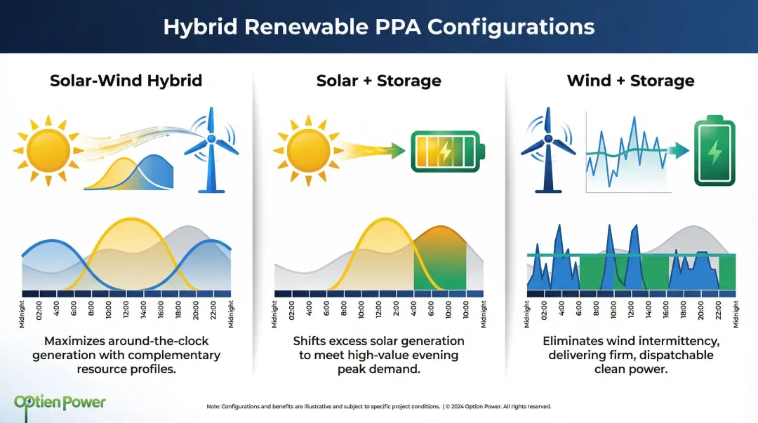 Hybrid renewable energy PPA structures solar wind and storage combination types