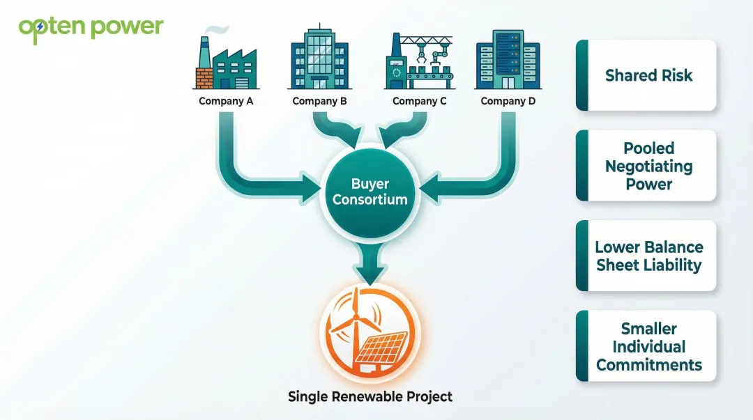 Multi-buyer aggregated PPA structure benefits and consortium procurement flow