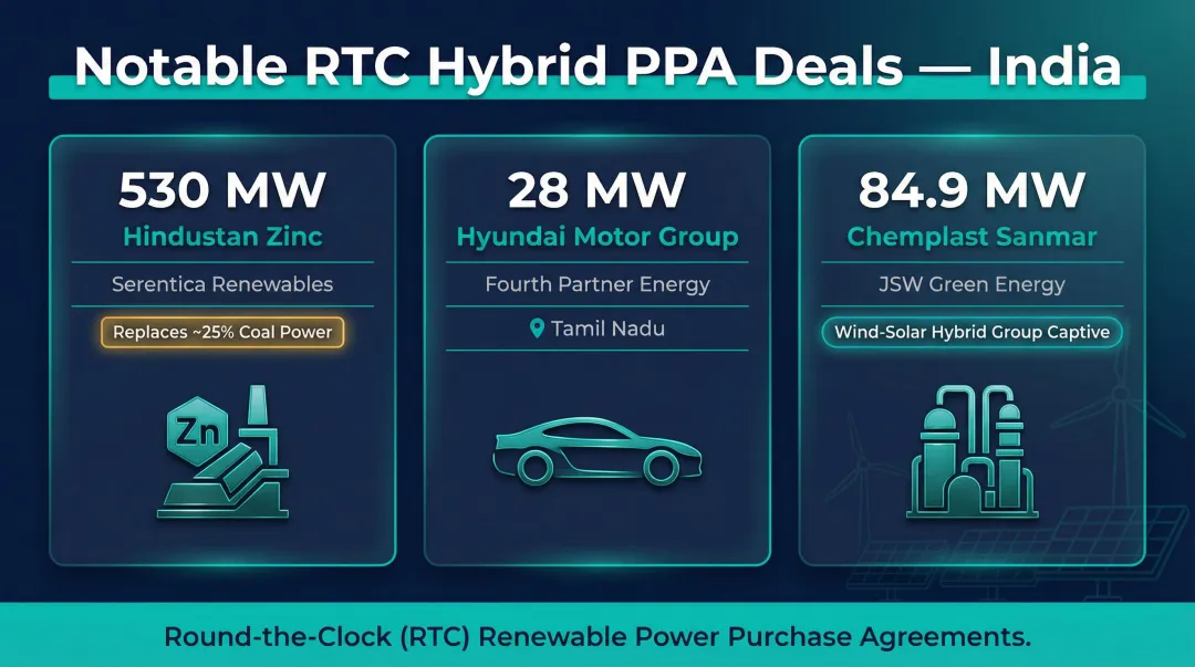 Notable 2025-2026 hybrid round-the-clock PPA deals in India by company and capacity