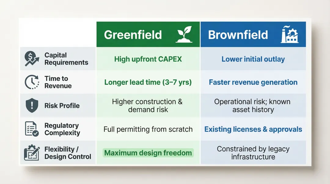 Greenfield versus brownfield renewable energy investment five-dimension comparison infographic