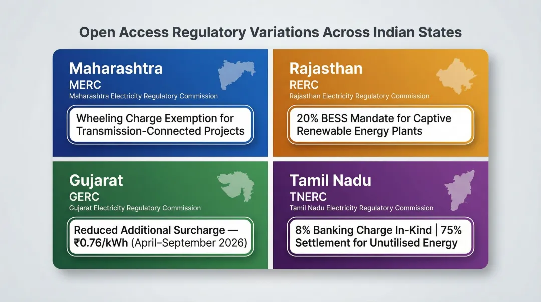 State-wise open access charge comparison across Maharashtra Rajasthan Gujarat Tamil Nadu