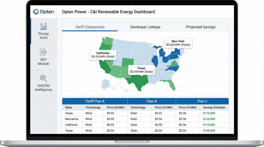 Opten Power platform dashboard showing renewable PPA tariff comparison across Indian states