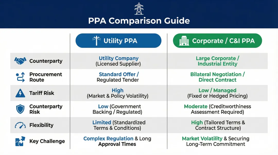 Utility PPA versus corporate C&I PPA comparison infographic India