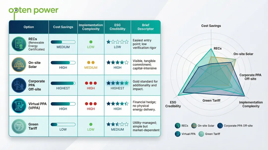 Five corporate renewable energy procurement options compared on cost complexity credibility spectrum