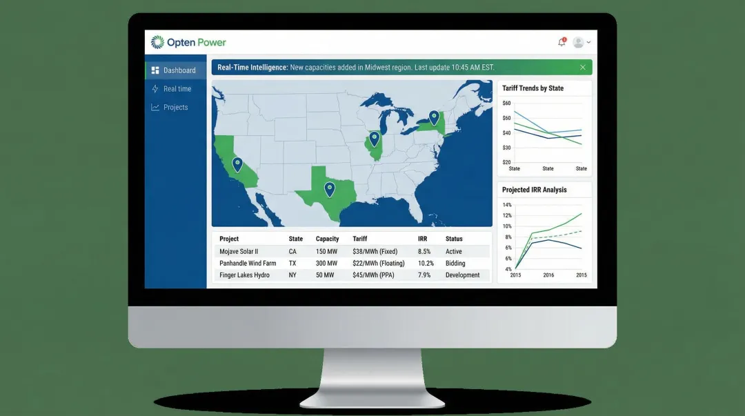 Opten Power platform dashboard showing solar wind hybrid project tariff comparison across states