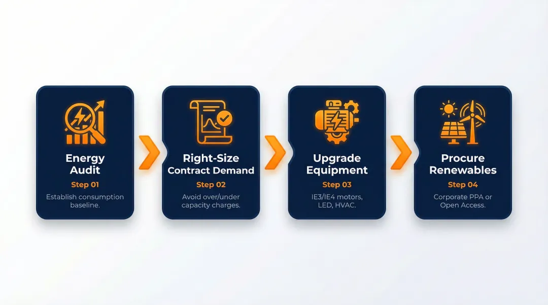 Four-step energy cost reduction decision process from audit to equipment upgrade