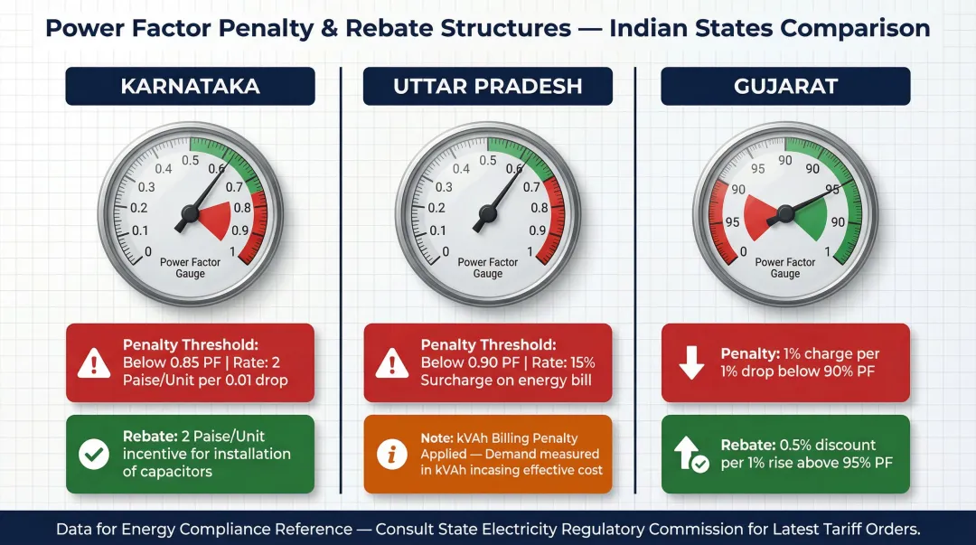 Power factor penalty and rebate thresholds comparison table for Karnataka Gujarat and Uttar Pradesh