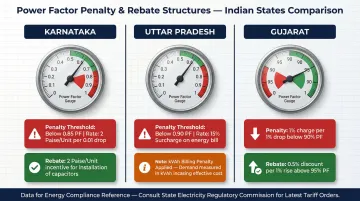 Power factor penalty and rebate thresholds comparison table for Karnataka Gujarat and Uttar Pradesh