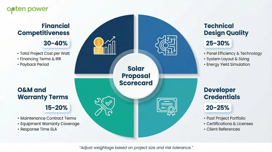 Four-dimension solar proposal evaluation scorecard with weightage percentages infographic