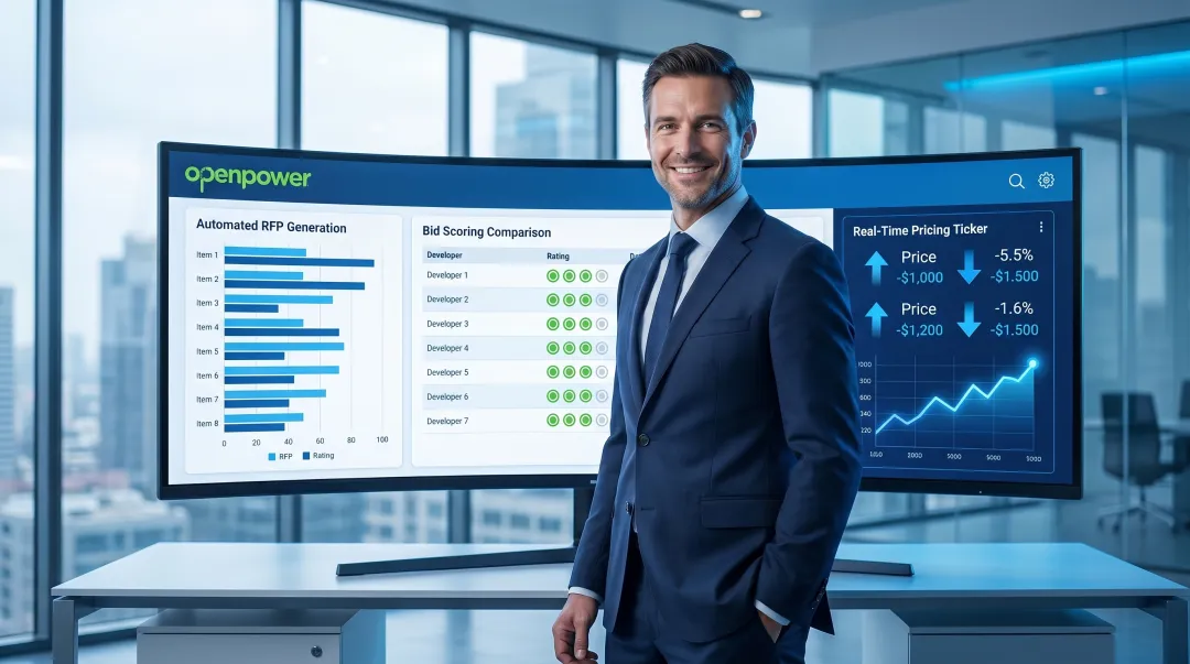 AI-powered renewable energy procurement platform interface showing automated bid evaluation dashboard