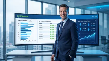 AI-powered renewable energy procurement platform interface showing automated bid evaluation dashboard