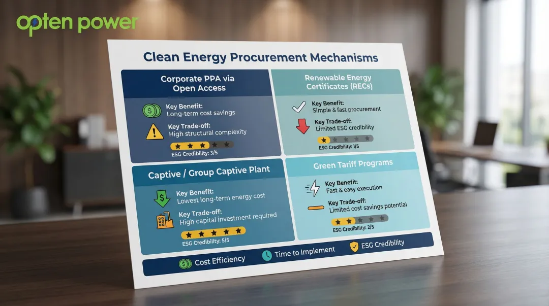 Four clean energy procurement mechanisms comparison PPAs RECs captive green tariff
