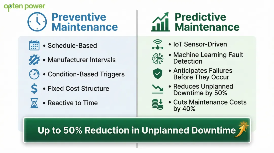 Preventive versus predictive maintenance comparison infographic for solar energy assets