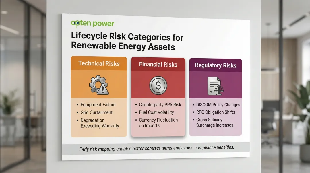 Three-category renewable energy asset lifecycle risk management framework infographic