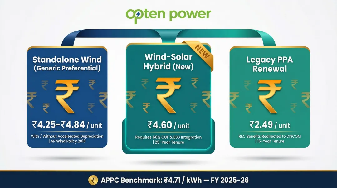 Andhra Pradesh wind PPA tariff comparison standalone hybrid and legacy renewal projects