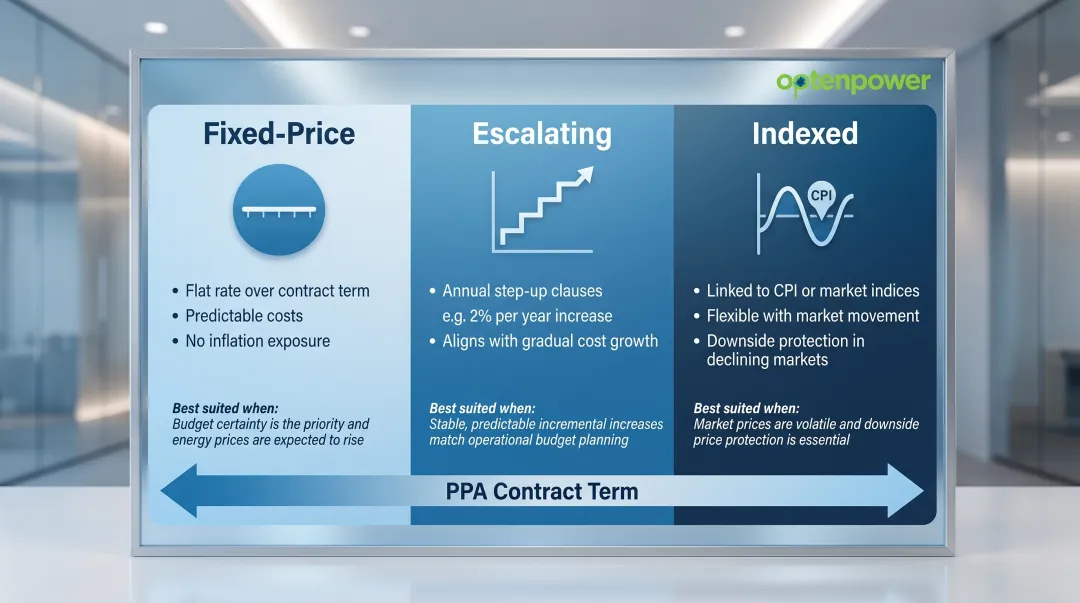 Three PPA pricing structures fixed escalating and indexed comparison infographic