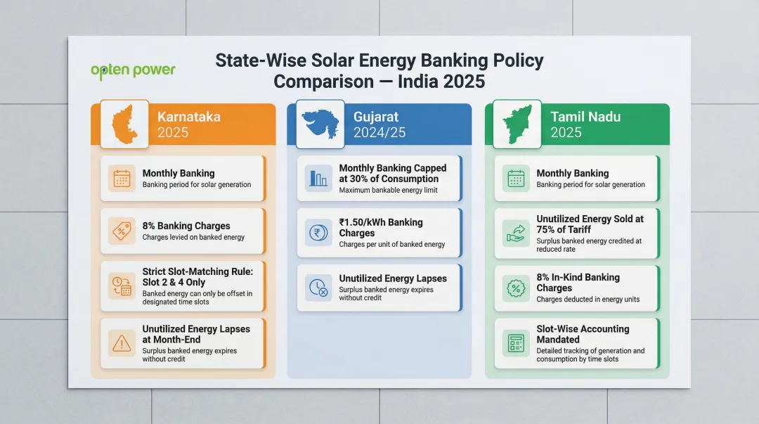 State-level solar banking rules comparison Karnataka Gujarat Tamil Nadu 2025