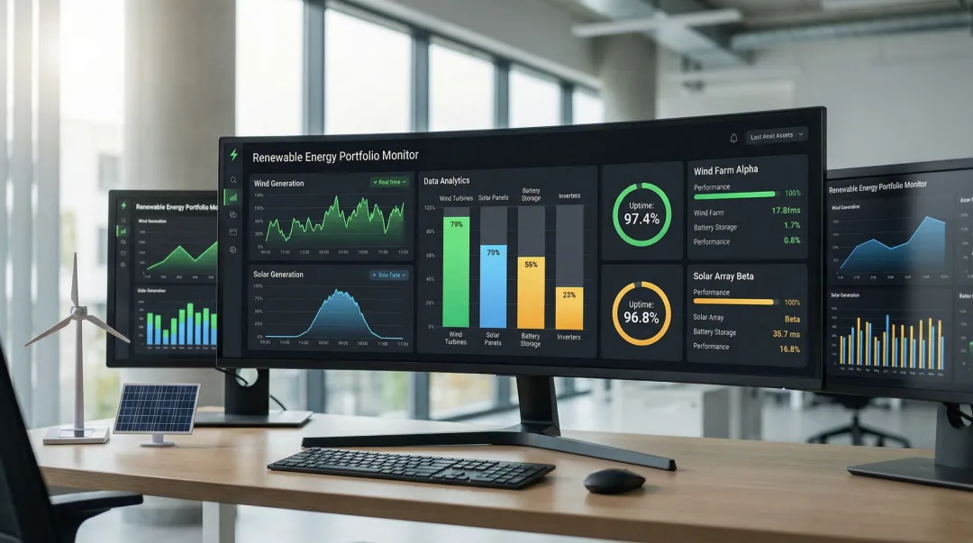 Renewable energy portfolio real-time monitoring dashboard displaying multi-asset performance metrics