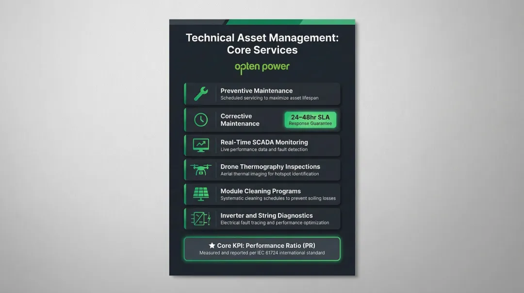 Solar technical asset management services checklist with six key maintenance components