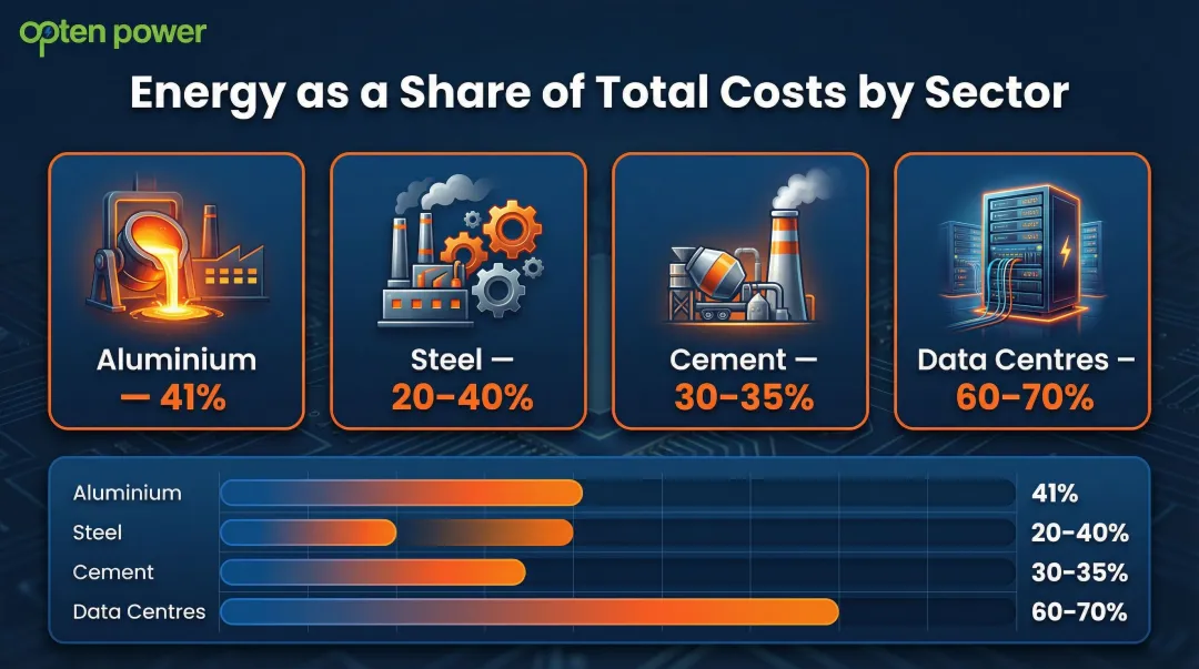Energy cost share percentage breakdown across aluminium steel cement and data centres