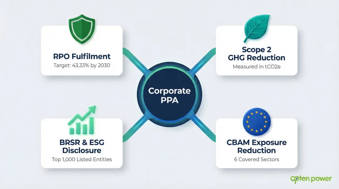 Corporate PPA ESG compliance benefits covering RPO CBAM BRSR and Scope 2 reporting