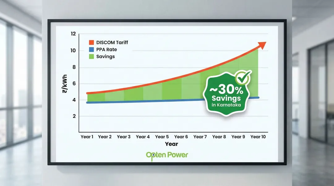Corporate PPA versus DISCOM tariff cost comparison showing annual savings potential infographic