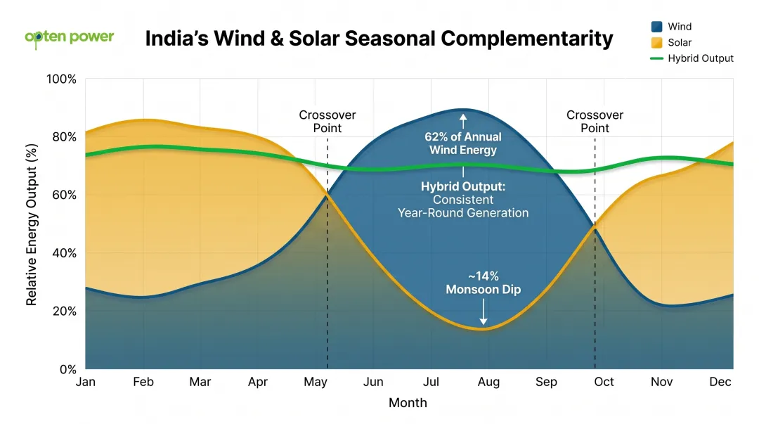 Wind-solar hybrid seasonal complementarity chart showing monsoon wind versus solar output